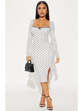 Fashion Nova Rhiannon Polka Dot Midi Dress White Black S